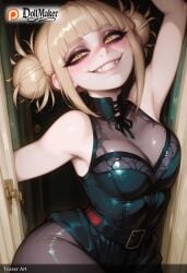 ai_generated armpits bangs belt blonde_hair blunt_bangs blush boku_no_hero_academia breasts dollmaker dollmaker_(artist) double_bun fangs female half-closed_eyes himiko_toga looking_at_viewer lying medium_breasts messy_hair my_hero_academia patreon_username short_hair smile solo tagme teeth toga_himiko watermark web_address yellow_eyes