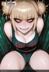 ai_generated bangs blonde_hair blunt_bangs blush boku_no_hero_academia breasts cleavage dollmaker dollmaker_(artist) double_bun eyebrows_visible_through_hair fangs female from_above looking_at_viewer medium_breasts my_hero_academia patreon_username sitting smile solo spread_legs tagme tank_top teeth thighs toga_himiko watermark web_address yellow_eyes
