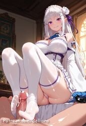 1boy ai_generated anime anime_girl belliora breasts digital_art emilia_(re:zero) erotic explicit female foot_fetish lace_panties lace_stockings lying_on_stomach minimalist_background passionate re:zero_kara_hajimeru_isekai_seikatsu silver_hair uncensored