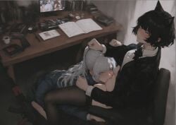 2girls ai_generated caught cunnilingus holding_head kali_belladonna kizirugai licking_pussy rwby thighhighs under_desk weiss_schnee yuri