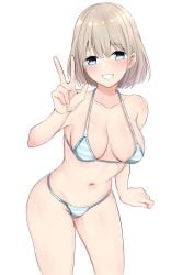 alternate_breast_size armpit_crease bare_arms bare_belly bare_legs bare_shoulders bare_thighs baretto_(karasi07) belly_button big_breasts bikini blue_bikini blue_eyes blush body_blush breasts cleavage collarbone grey_hair groin idolmaster idolmaster_shiny_colors parted_lips serizawa_asahi shiny_skin short_hair sideboob smile string_bikini thighs