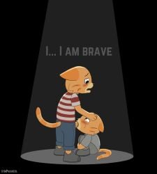 2boys anthro anthro_on_anthro black_background blush cat_ears cat_tail crying cub elliot_(giggleland) feline furry furry_only giggleland grey_shirt hand_on_head looking_at_another no_humans scared selfcest spotlight striped_shirt striped_tail sucking_penis young younger_self