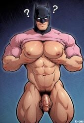 1boy abs ai_generated balls batman batman_(bruce_wayne) batman_(series) biceps black_mask blush bruce_wayne cowl dc_comics dick gay male mask muscular muscular_legs muscular_male pec_grab pecs pectoral_bulge penile pink_shirt testicles