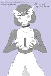 1female alternate_version_available aroused_smile artist_name blushing_lines breast_grab breasts_out choker_collar commission dialogue gardevoir h0rn3y_b0nk32 highres jewelry looking_at_viewer monochrome nipples_out pokemon pokemon_(species) pov_eye_contact simple_background simple_shading skinny_girl
