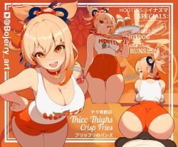 1boy 1girls ass assjob blonde_hair bojerryart booty_shorts buttjob cleavage collar dialogue female genshin_impact grin hooters hooters_uniform hoyoverse large_breasts looking_back male male_pov mihoyo pov smile text waitress waitress_uniform yoimiya_(genshin_impact)