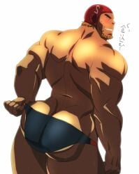 10s 1boy 2010 ass back_view bara black_speedo butt_crack dark_skin japanese_text male male_only muscular simple_background solo speedo sush1tan tagme text translation_request white_background