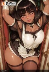 ai_generated apron arm_behind_head arm_up artist_name bangs black_hair blunt_bangs blush breasts brown_eyes chair chel choker dark_skin desk deviantart_username dollmaker dollmaker_(artist) dress female hairband large_breasts lips long_hair looking_at_viewer lying maid on_desk patreon_logo patreon_username puffy_short_sleeves puffy_sleeves selfie short_sleeves smile solo tagme thick_thighs thighhighs thighs watermark web_address
