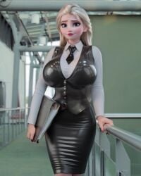 ai_generated big_breasts blonde_hair blue_eyes edited elsa_(frozen) female frozen_(film) latex_clothing lipstick makeup office_lady single_braid warmachine0001
