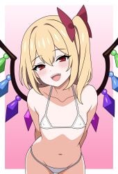 1girls aged_up almost_naked bikini blonde_hair blush female female_only flandre_scarlet flat_chest looking_at_viewer midriff navel nipples_visible_through_clothing open_mouth red_eyes ribbon side_ponytail small_breasts smiling solo ssaf_seibeupail swimsuit teeth thighs touhou vampire vampire_girl wings