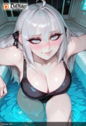 ai_generated alisa_mikhailovna_kujou artist_name bangs bathtub black_bikini blue_eyes blush breasts cleavage dollmaker dollmaker_(artist) eyebrows_visible_through_hair female hair_between_eyes hair_ribbon heart heart-shaped_pupils large_breasts long_hair looking_at_viewer looking_up on_back partially_submerged patreon_logo patreon_username pool poolside recording ribbon silver_hair smile solo swimsuit symbol-shaped_pupils tagme watermark web_address wet