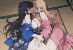 2girls ai_generated blush chest_wraps choker cleavage kimono kissing kitagawa_marin kizirugai komi-san_wa_komyushou_desu komi_shouko sono_bisque_doll_wa_koi_wo_suru thigh_grab tongue_out yuri