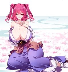 1girls big_breasts breasts cleavage clothed_female detailed_background huge_breasts komachi_onozuka light-skinned_female one_eye_closed raptor7 red_eyes red_hair shinigami touhou twintails