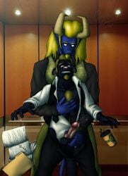 2boys anthro bgn black_fur blonde_hair blue_skin chest_hair clothed clothed_sex clothing demon elevator eyewear facial_hair fondling fur gay glasses goatee hair half-dressed horn imminent_sex long_hair male male_only necktie no_nose office onyx_(character) onyxtanuki open_clothes open_pants open_shirt original_character pants penis pink_nose precum shirt suit tanuki testicles veins veiny_penis vest white_eyes