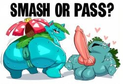 absurd_res ai_generated animal_genitalia anthro anus ass balls big_anus big_balls big_butt bodily_fluids claws duo english_text erection female feral generation_1_pokemon genitals heart hellsonger hi_res huge_butt looking_at_viewer looking_back male nintendo penis pokemon pokemon_(species) presenting puffy_anus pussy red_eyes scalie simple_background sweat text thick_thighs venusaur white_background