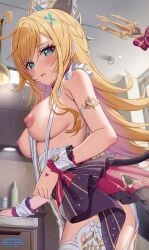 armlet artist_name bare_shoulders between_breasts black_skirt blonde_hair blue_eyes blush braid breasts chef_hat clothes_between_breasts commentary_request cowlick escoffier_(genshin_impact) female female_only fork_hair_ornament frilled_wristband genshin_impact hair_between_eyes hat heart heart_in_eye highres indoors jewelry kitchen_hood large_breasts layered_skirt long_hair looking_at_viewer mechanical_tail nipples open_mouth paid_reward_available panties ponnyu12 side_braid skirt solo symbol_in_eye tail underwear white_hat white_panties