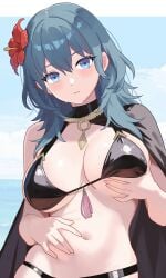 1girls belly belly_button big_breasts bikini black_bikini black_cape blue_eyes blue_hair blush bra breasts byleth_(fire_emblem) byleth_(fire_emblem)_(female) cape cleavage clothed clothing female female_only fire_emblem fire_emblem:_three_houses fire_emblem_heroes flower hair_between_eyes hair_flower hair_ornament hibiscus large_breasts looking_at_viewer n_54 nintendo official_alternate_costume red_flower sideboob solo stomach swimsuit underboob