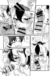 1boy animal_ears bandaid bar_censor black_hair blue_archive breasts cat_ears censored closed_eyes completely_nude demon_horns demon_wings fake_animal_ears fellatio female greyscale halo headband horns kayoko_(blue_archive) licking licking_penis long_hair low_wings medium_breasts monochrome multicolored_hair nipples nude open_clothes open_mouth oral penis ponytail sensei_(blue_archive) sensei_(blue_archive_the_animation) smile two-tone_hair uran_(uran-factory) white_hair wings