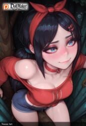ai_generated artist_name bare_shoulders black_hair blue_eyes blush breasts bulge choker cleavage collarbone denim dollmaker dollmaker_(artist) downblouse female hair_ornament hairband hairclip long_hair medium_breasts patreon_logo patreon_username red_hairband shirt short_shorts shorts smile solo tagme watermark web_address