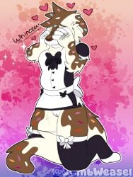 anthro artist_name black_bow black_bow_tie black_clothing black_heart black_legwear black_stockings black_thigh_highs blush_through_hands bottomwear bow_stockings bow_tie brown_body brown_fur button_(fastener) clothed clothing countershading covering covering_eyes covering_face embarrassed extended_sound_effect female female_anthro fluffy fluffy_tail fur heart_button heart_reaction hi_res least_weasel legwear lillie_(weaseldumb) maid_uniform mammal mustelid musteline no_underwear onomatopoeia outline pussy skirt solo sound_effect_variant sound_effects source_request sprinkles stockings tail text thigh_highs toeless_legwear toeless_stockings toeless_thigh_highs true_musteline uniform upskirt vulva weasel weaseldumb whimper white_body white_bow white_countershading white_fur white_outline