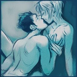 2boys black_hair blonde_hair blue_background closed_eyes earrings fanon_couple hand_on_another's_chest hunter_x_hunter imminent_kiss imminent_sex kurapika leorio_paladiknight lighting male_nipples nipples partially_clothed romantic romantic_couple saltbay shirt_pull shirtless sitting spiky_hair spread_legs toned toned_male undressing undressing_another yaoi