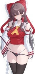 blush closed_mouth highleg huge_hips huge_thighs large_breasts pulling_down_panties reimu_hakurei seductive skirt_removed smile thick_thighs thighhighs thong touhou wide_hips