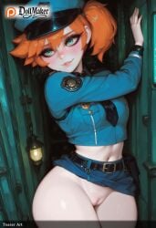ai_generated aqua_eyes belt belt_pouch blush breasts cuffs dollmaker dollmaker_(artist) female gloves handcuffs hat kasumi_(pokemon) navel orange_hair patreon_logo patreon_username police police_uniform policewoman pouch pussy skirt solo tagme watermark web_address