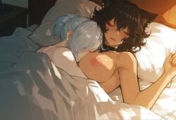 ai_generated big_breasts cat_ears choker dark_skin head_on_breasts kali_belladonna kizirugai naked rwby sleeping sleeping_nude sleeping_together sweat sweating under_covers winter_schnee