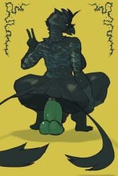 abstract_background anal anal_sex anthro ass balls black_body black_feathers crouching dildo dildo_in_ass dildo_insertion dildo_sitting dovne drongo feathers genitals gesture green_dildo gynomorph hand_gesture hi_res intersex looking_back object_in_ass penetration penis rear_view sex_toy sex_toy_in_ass sex_toy_insertion simple_background solo tail tail_feathers v_sign yellow_background