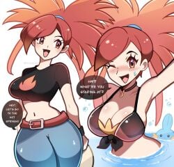 1girls breasts cleavage female flannery_(pokemon) large_breasts midriff mudkip pokemon red_hair tagme