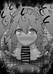 1boy 1girls :>= big_penis black_and_white blush breasts censored detailed_background drill_hair drooling eyelashes fellatio female headband heart human indoor inside kneeling kunoichi kurotama looking_at_viewer male male_pov ninja_to_koroshiya_no_futarigurashi oral oral_sex penis pov ribbon room saliva shiny shiny_skin short_hair sketch sound_effects squatting sweat text tied_hair twintails vein veins veiny veiny_penis