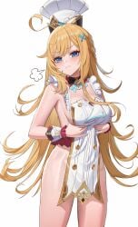 3: absurdres ahoge apron bare_arms bare_shoulders blonde_hair blue_eyes breasts chef_hat closed_mouth commentary_request cowboy_shot escoffier_(genshin_impact) female genshin_impact hair_ornament hat highres korean_commentary large_breasts long_hair looking_at_viewer naked_apron simple_background solo soul_(smfa2555) standing thighs very_long_hair white_apron white_background white_hat wrist_cuffs
