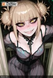 ai_generated artist_name bangs blonde_hair blunt_bangs blush breasts cleavage dollmaker dollmaker_(artist) double_bun eyebrows_visible_through_hair fangs female from_above looking_at_viewer medium_breasts messy_hair off_shoulder patreon_username sitting smile solo tagme teeth toga_himiko watermark yellow_eyes