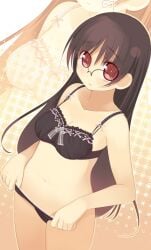 1girls artist_request black_bra black_panties blush blushing bow bra breasts brown_hair character_request copyright_request female glasses lingerie long_hair medium_breasts navel panties red_eyes round_glasses solo underwear underwear_only undressing