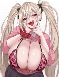1girls animal_print bachumaro_xo blonde_hair bra breasts breasts_bigger_than_head cleavage earrings female hair_between_eyes huge_breasts jewelry kogal leopard_print looking_at_viewer open_mouth pink_bra red_eyes scrunchie solo solo_female tongue_out twintails wrist_scrunchie