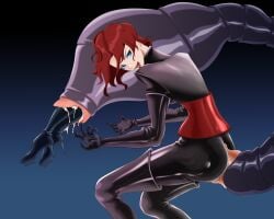 absorption absorption_vore female leather leather_clothing leather_gloves leather_pants leather_suit leather_thighhighs long_gloves nagaomono_(artist) redhair tail_vore thigh_boots thighhighs vanessa_(kof) vore