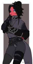 absurd_res anthro areola black_body black_hair black_nipples bottomwear choker clothed clothing clothing_lift elapid_(snake) female flashing flat_chested genitals hair hi_res innie_vulva jewelry krait legwear looking_at_viewer morgdl necklace nipples presenting red-headed_krait reptile ring scales scalie shirt simple_background smile snake solo tail topwear vulva
