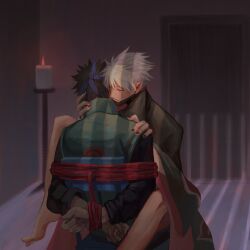 2boys akatsuki_uniform alternate_universe arms_behind_back barefoot black_shirt bondage bondage bound bound_arms chair closed_mouth gay green_vest grey_hair hatake_kakashi indoors legs male male/male male_focus multiple_boys nail_polish naruto_(series) naruto_shippuuden no_pants on_chair ppposter shirt sitting sitting_on_lap sitting_on_person smile spiked_hair straddling uchiha_obito vest yaoi