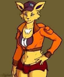 abs animal_ears breasts bunny_ears cleavage female furry hat large_breasts navel short_shorts shorts solo