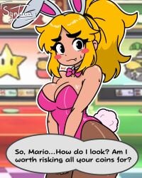 1girls anthro big_breasts blonde_hair blush bowtie bunny_ears bunny_tail bunnysuit casino cute_fang female female_only flirting goomba goombella iamsyntara long_hair looking_at_viewer mario mario_(series) mature mature_female nintendo paper_mario paper_mario:_the_thousand-year_door pink_body ponytail simple_coloring slot_machine solo solo_female super_mario_bros. sweaty text text_bubble