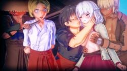 black_hair blue_eyes closed_eyes erudekki_(x34igwsy) glasses multiple_boys multiple_girls short_hair striped white_hair