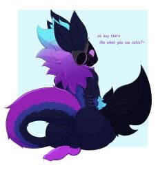 anthro anus ass balls bedroom_eyes big_butt big_tail blush bodily_fluids cum dialogue digital_media_(artwork) erection femboy fur genital_fluids genitals hi_res huge_butt knot leaking_cum looking_at_viewer looking_back looking_back_at_viewer machine male narrowed_eyes nightphin nude penile penis penis_tuck precum presenting protogen purple_eyes purple_penis rear_view screen screen_face seductive simple_background smashedplate21 smile solo soothingbunny speech_bubble tail text