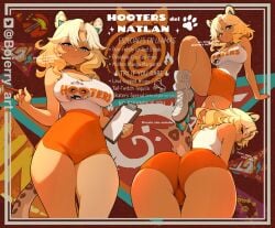 1girl 1girls animal_ears animal_tail ass ass_focus big_ass big_breasts blonde blonde_female blonde_hair blonde_hair_female bojerryart booty_shorts breasts cat_ears cat_tail chocker clothed clothed_female collar dialogue female frown genshin_impact green_eyes green_eyes_female hooters hooters_uniform hoyoverse kemono kemonomimi large_breasts looking_at_viewer looking_back mihoyo presenting_hindquarters roller_skates sole_female tail text thighs waitress waitress_uniform xilonen_(genshin_impact)