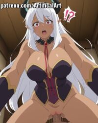 1boy 1girls ai_generated artifical_art beelzebub_(slime_taoshite_300_nen) big_breasts black_thighhighs blush clitoris cowgirl_position dark-skinned_female dark_skin demon_girl devil_horns elf_ears first_person_view horns long_hair open_mouth penis penis_in_pussy perfect_body pointy_ears pov pussy pussy_juice red_eyes riding riding_penis sex slime_taoshite_300_nen_shiranai_uchi_ni_level_max_ni_nattemashita spread_legs vaginal_penetration vaginal_sex white_hair