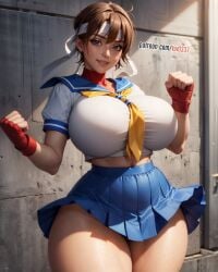 ai_generated blue_sailor_collar breasts brown_eyes brown_hair capcom female fingerless_gloves gloves headband huge_breasts kasugano_sakura lips midriff navel sailor_collar sakura_haruno sakura_kasugano school_uniform serafuku short_hair skirt solo street_fighter thick_thighs thighs tomboy