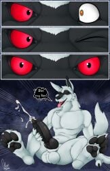 absurd_res alexxferret anthro balls big_balls big_penis black_penis canid canine canine_penis canis clothing cum death_(puss_in_boots) ejaculation erection genitals hi_res knot male mammal masturbation nude pawpads paws penis puss_in_boots_(dreamworks) red_eyes sickle solo tongue transformation white_fur wolf