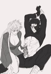 1boy 1girls abs arms_up assertive_female blush breasts censored cleavage full-face_blush genderswap_(mtf) handjob hatake_kakashi japanese_clothes kimono large_breasts long_hair naruto_(series) naruto_shippuuden nipples one_eye_covered pectorals penis penis_grab rule_63 rule_63 scar scar_across_eye scar_on_face uchiha_obito veins veiny_penis yukata