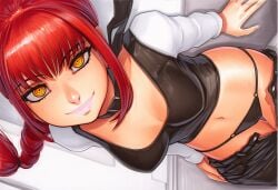 2025 ai_generated artist_name breasts chainsaw_man crazyfishbones female large_breasts long_hair looking_at_viewer makima_(chainsaw_man) panties red_hair solo underwear yellow_eyes