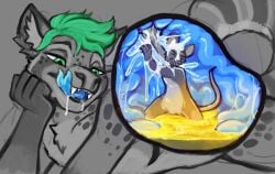 acidic ambiguous_fluids anthro bared_teeth blue_tongue bodily_fluids closed_eyes duo fangs featureless_crotch forked_tongue green_eyes green_hair hair hyena inside_stomach internal licking licking_lips licking_own_lips lying male mammal mouse murid murine nude on_front open_mouth partially_colored rodent simple_background stomach_acid teeth tongue tongue_out vore