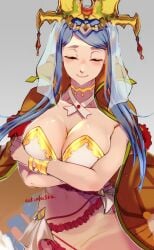 1girls arms_around_breasts arms_around_torso big_breasts blue_hair breasts cleavage closed_eyes clothed clothed_female clothing female fire_emblem fire_emblem_engage gold_jewelry koda1ra large_breasts long_hair lumera_(fire_emblem) mature mature_female navel pushing_breasts_up see-through smile smiling solo solo_female solo_focus veil