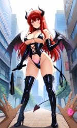1boy ahoge ai_generated ass_visible_through_thighs bangs bare_shoulders bat_wings bikini black_bikini black_footwear black_gloves black_legwear black_thighhighs blush boots breasts choker city cleavage clothing command_spell demon_girl demon_horns demon_tail demon_wings dominatrix elbow_gloves female female footwear gloves heart high_heel_boots high_heels holding holding_whip horns large_breasts latex_gloves legwear leotard long_hair looking_at_viewer low_wings male navel original outdoors pointy_ears pov_hands pubic_tattoo red_eyes red_hair revealing_clothes shoes smile solo_focus standing succubus swimsuit tail tattoo thigh_boots thighhighs thighs tree whip wings